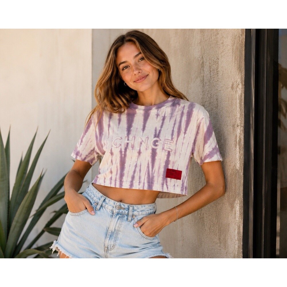 TWO CHNGE Women's Short Sleeve Boxy Crop Tops Tie Dye Butterflies Size XXS